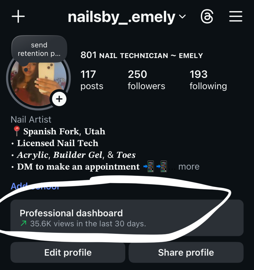 screen shot of a nail account, with 35.6K views in the last 30 days
