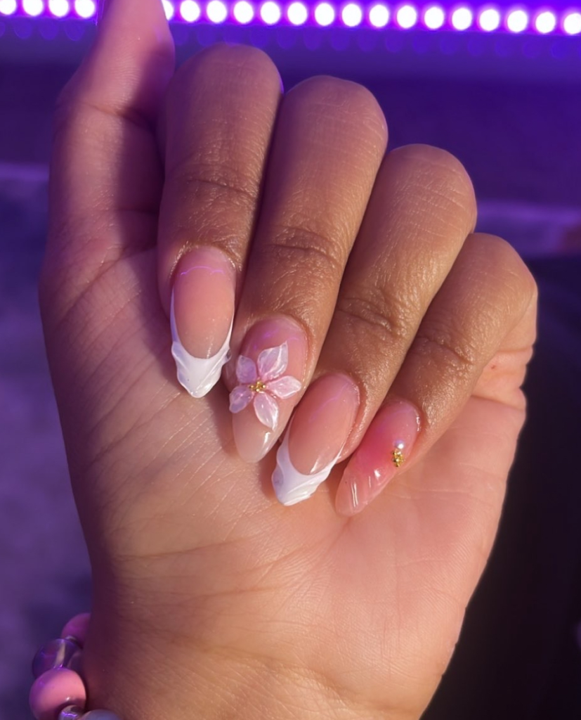 white French tip, and flower almond nail set